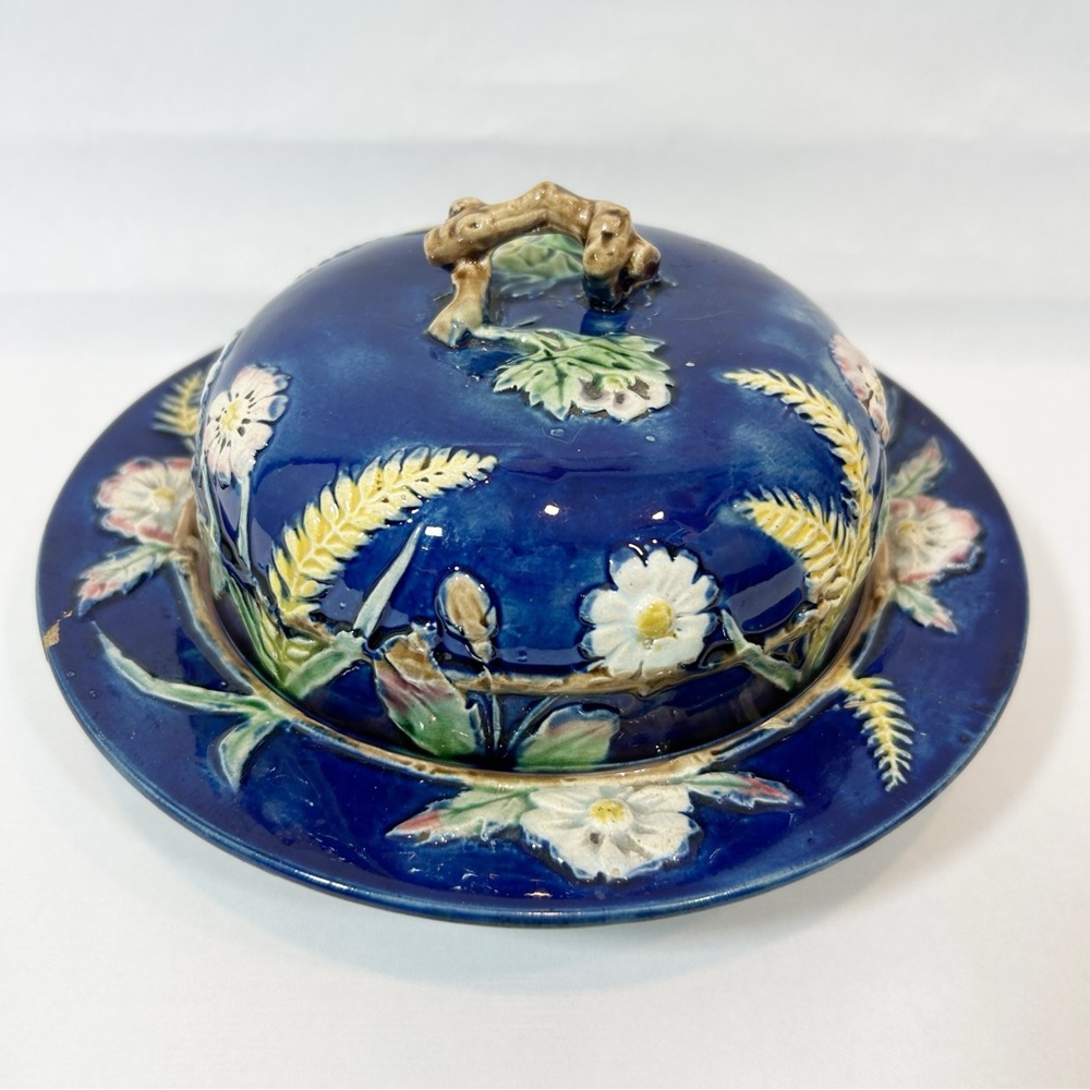 Antique George Jones Majolica Cobalt Muffin Dish & Cover, Victorian 1870’s